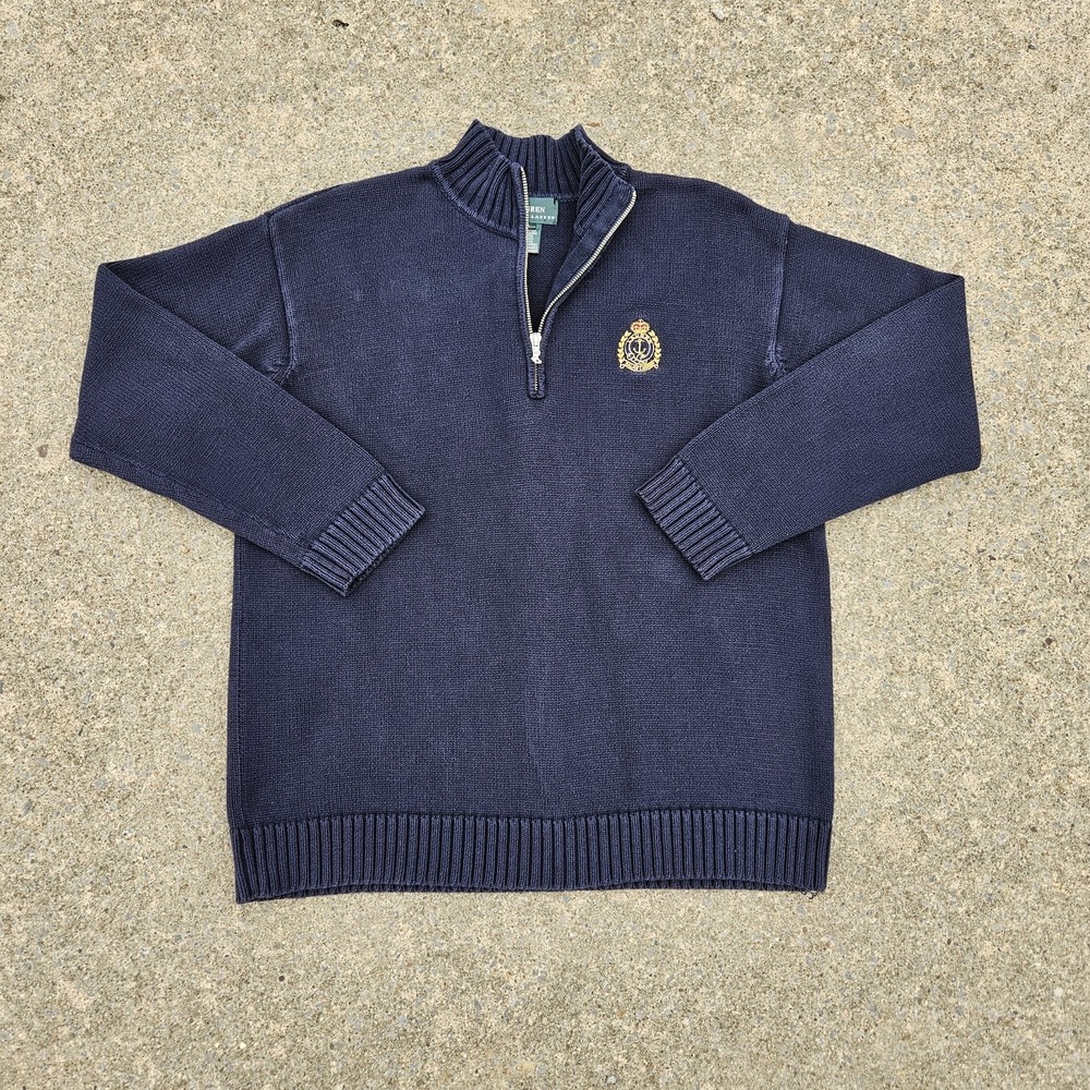 Ralph Lauren Pullover Women L Navy Blue 1/4 Zip Sweater Crest Crown Logo Anchor